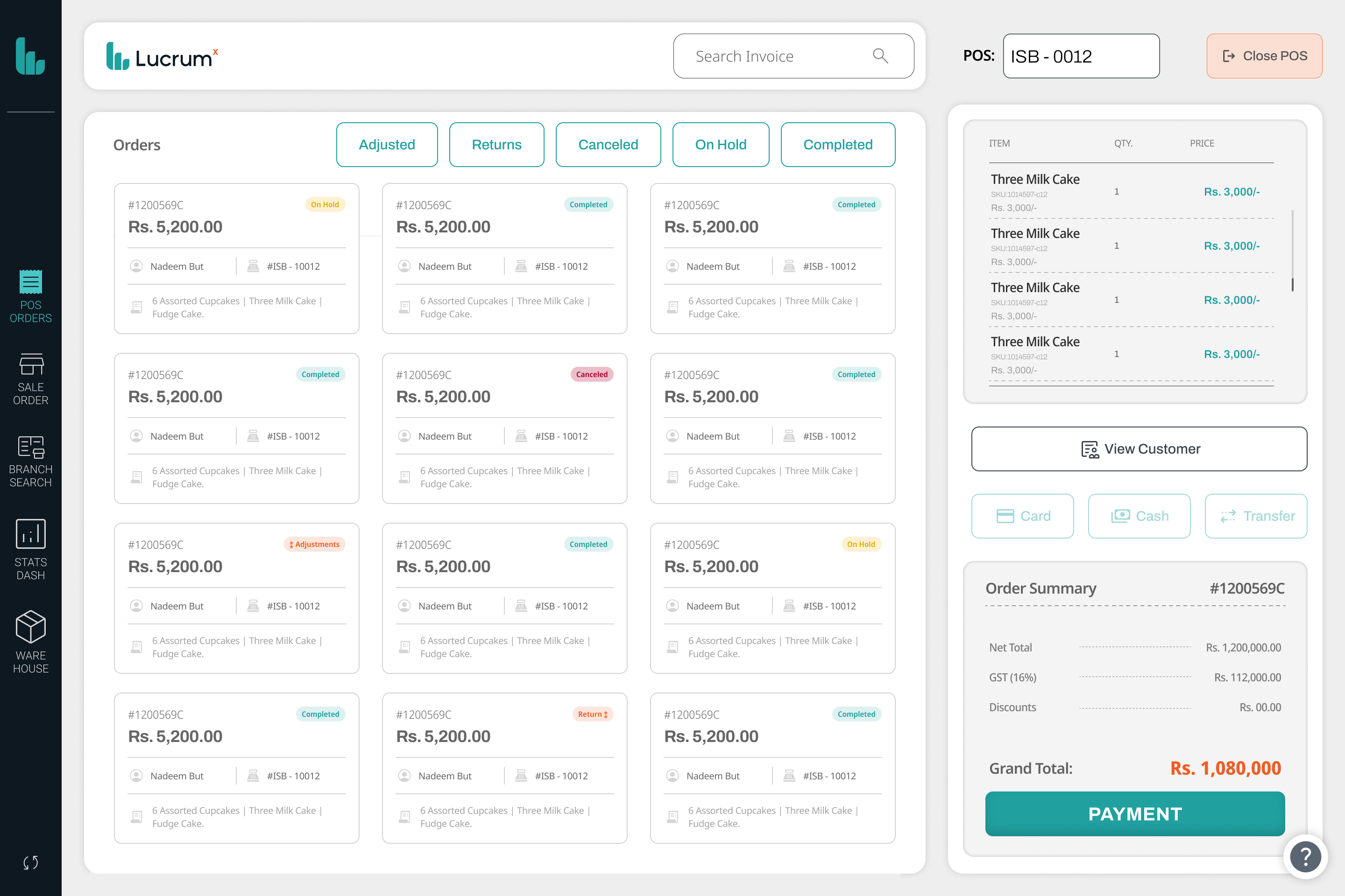 Lucrum POS orders dashboard listing every order across all statuses, with adjusted, returns, canceled, on hold and completed filters and an order summary rail